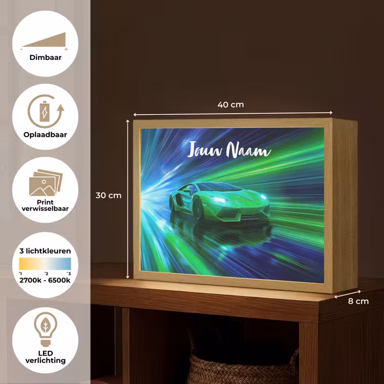 Sportauto - Groen - Snelheidslijnen - Neon Light Box met batterij (Wandlamp kind) middel -USP_websiteoverzichtNL