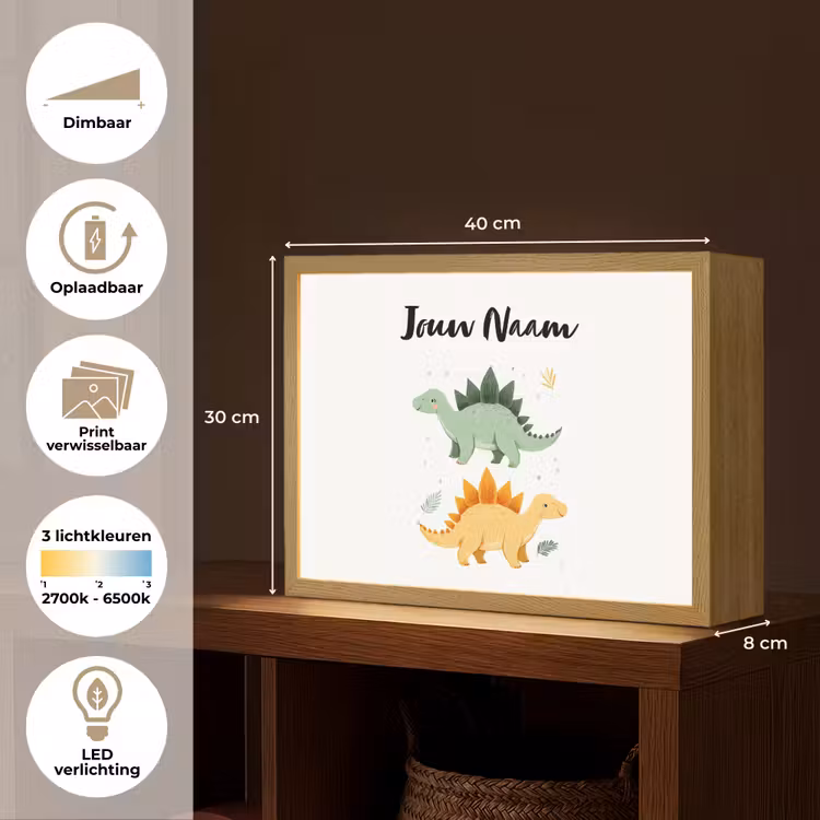 Stegosaurus - Sterren - Bladeren - Minimalistisch Light Box met batterij (Wandlamp kind) middel -USP_websiteoverzichtNL