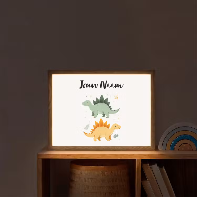 Stegosaurus - Sterren - Bladeren - Minimalistisch Light Box met batterij (Wandlamp kind) middel -sfeer1_kind
