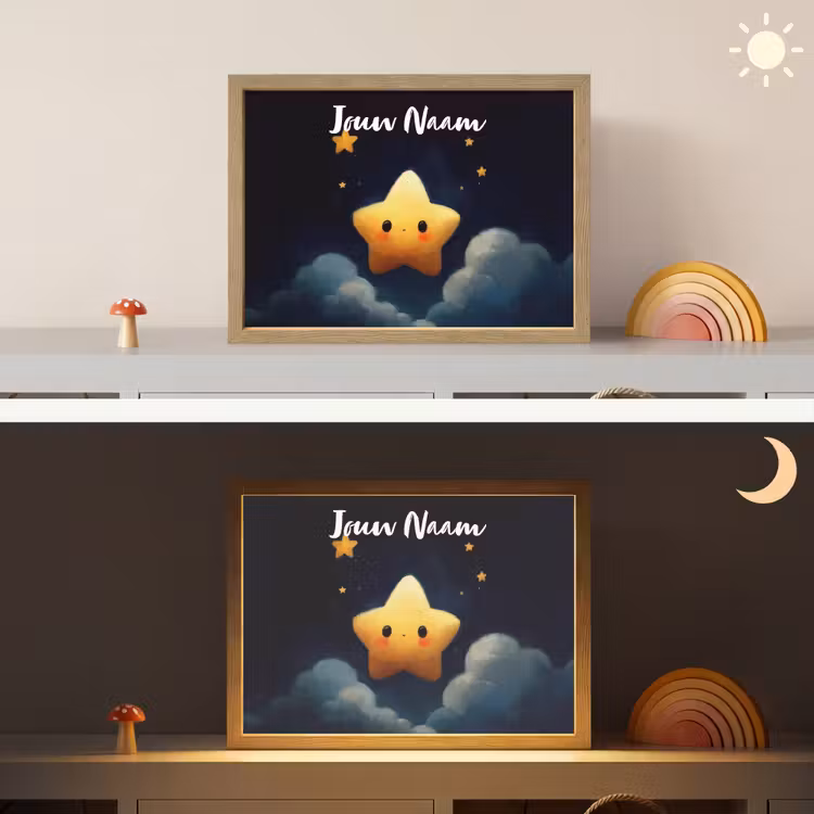 Ster - Gezichtje - Nacht - Wolken Light Box met batterij (Wandlamp kind) middel -sfeer3_kind