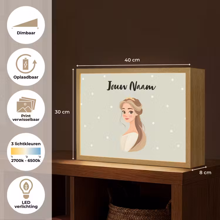 Stippen - Prinses - Kroon - Haar Light Box met batterij (Wandlamp kind) middel -USP_websiteoverzichtNL