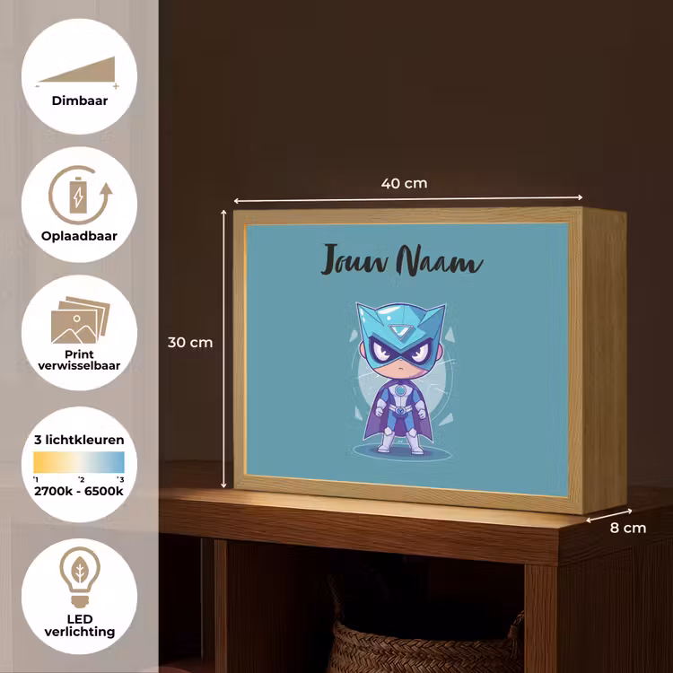 Superheld - Blauw - Jongens Light Box met batterij (Wandlamp kind) middel -USP_websiteoverzichtNL