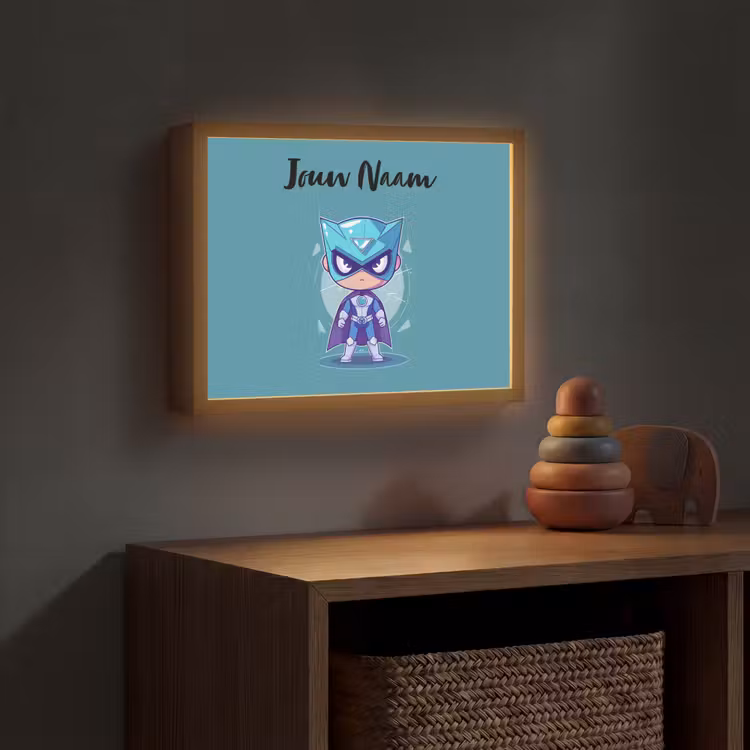 Superheld - Blauw - Jongens Light Box met batterij (Wandlamp kind) middel -sfeer5_kind