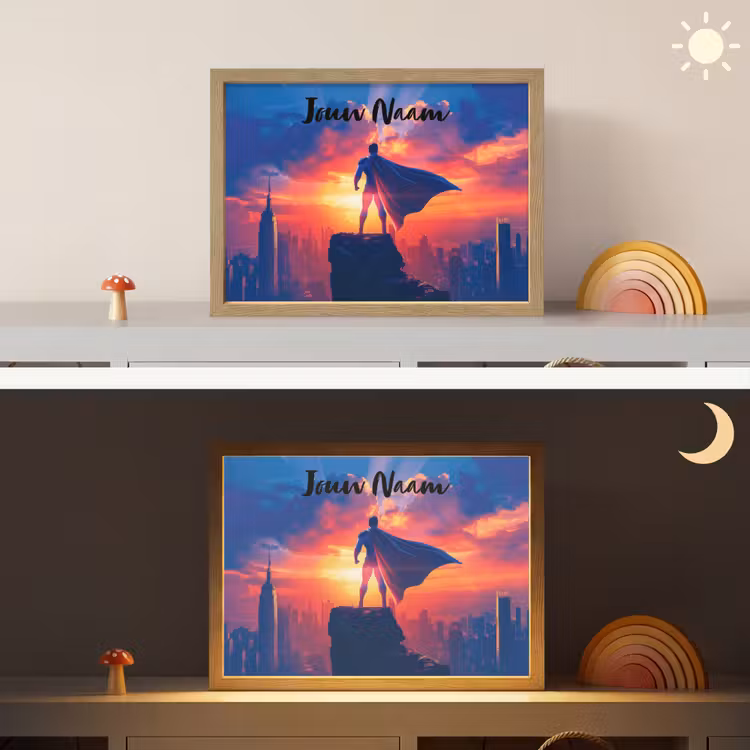 Superheld - Stad - Jongens - Kleurrijk - Zon Light Box met batterij (Wandlamp kind) middel -sfeer3_kind