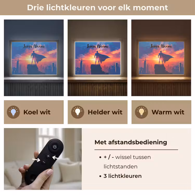 Superheld - Stad - Jongens - Kleurrijk - Zon Light Box met batterij (Wandlamp kind) middel -USP_lichtkleurNL