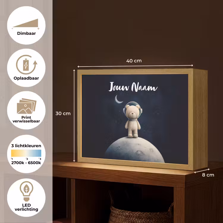 Teddybeer - Ruimtehelm - Maan - Sterren Light Box met batterij (Wandlamp kind) middel -USP_websiteoverzichtNL