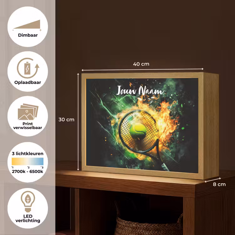 Tennis - Racket - Vuur - Groen Light Box met batterij (Wandlamp kind) middel -USP_websiteoverzichtNL