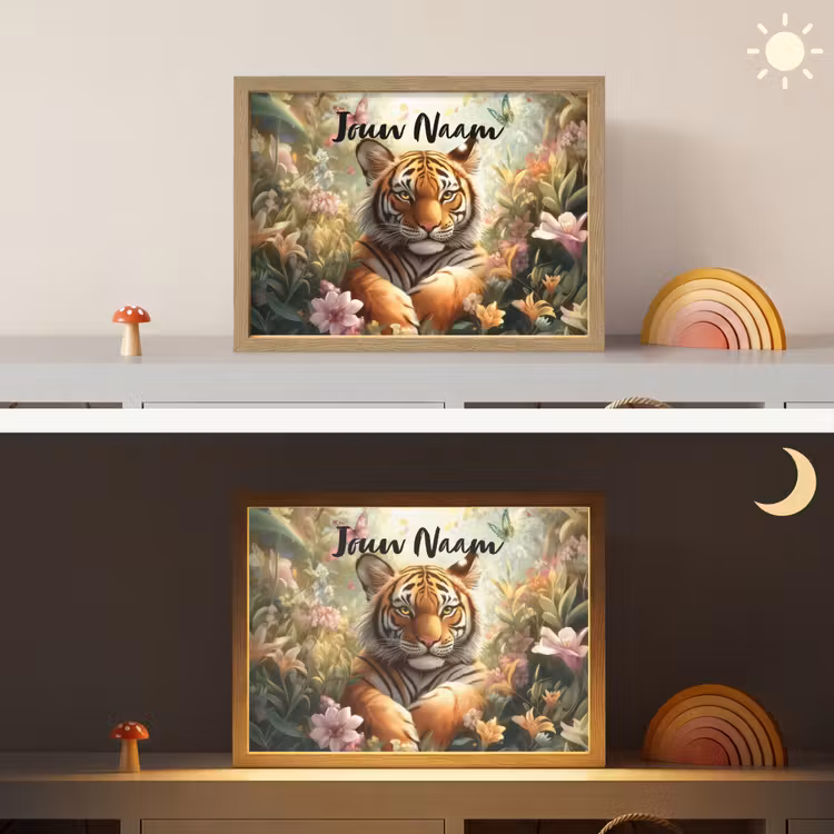 Tijger - Bloemen - Jungle - Dieren Light Box met batterij (Wandlamp kind) middel -sfeer3_kind