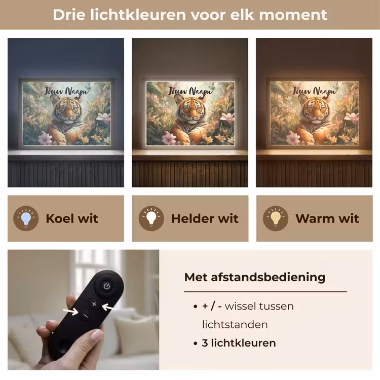 Tijger - Bloemen - Jungle - Dieren Light Box met batterij (Wandlamp kind) middel -USP_lichtkleurNL