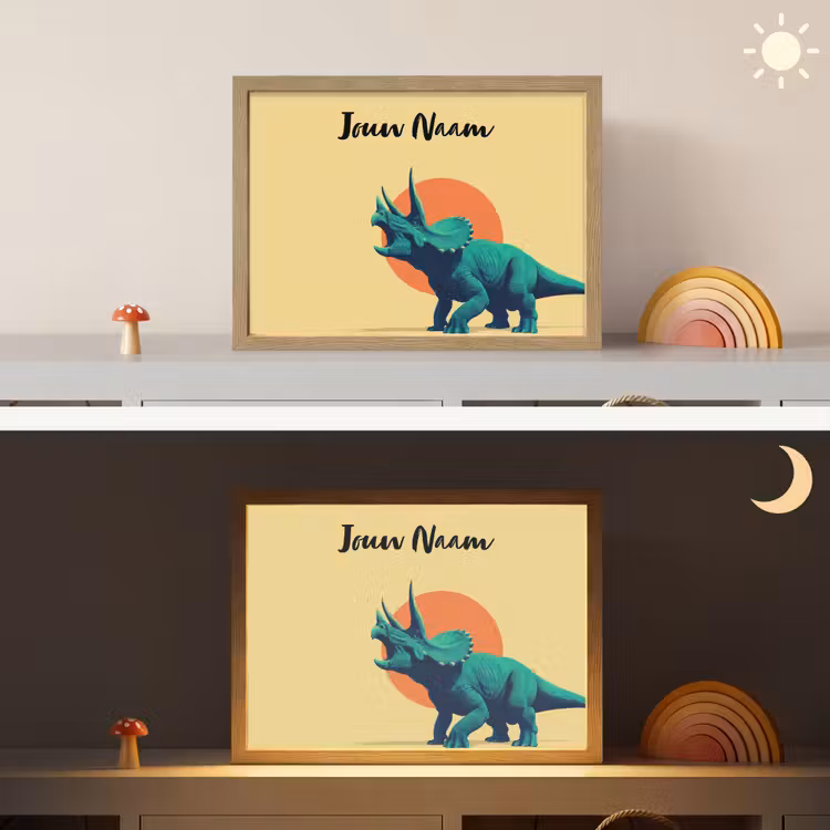 Triceratops - Hoorns - Cirkel - Oranje Light Box met batterij (Wandlamp kind) middel -sfeer3_kind
