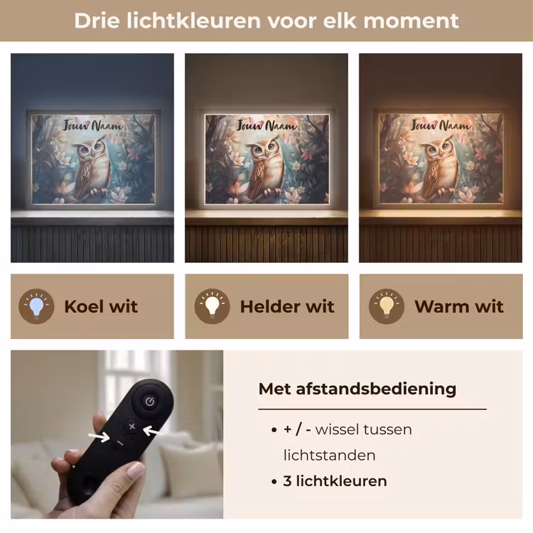 Uil - Bos - Bloemen - Vlinders Light Box met batterij (Wandlamp kind) middel -USP_lichtkleurNL