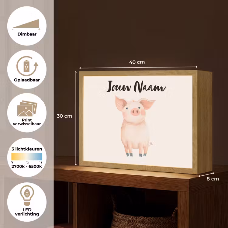 Varken - Roze - Dier - Pastel kleuren Light Box met batterij (Wandlamp kind) middel -USP_websiteoverzichtNL