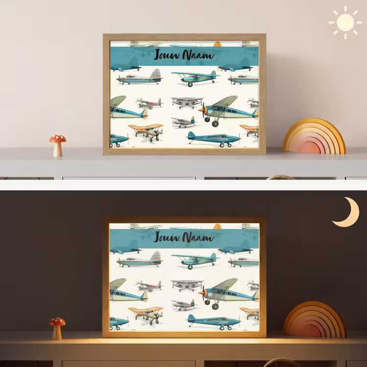 Vliegtuig - Blauw - Kinderen - Jongen - Oranje Light Box met batterij (Wandlamp kind) middel -sfeer3_kind
