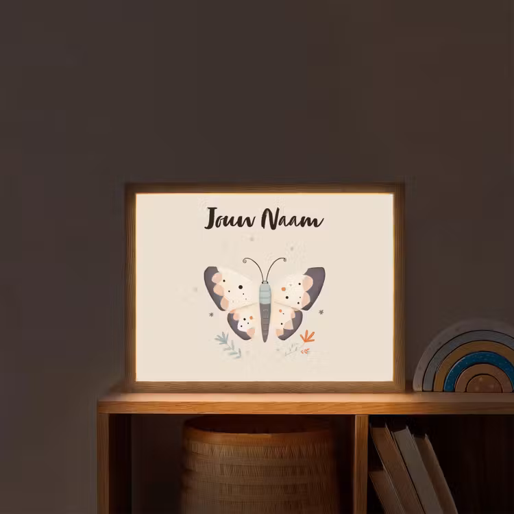 Vlinder - Vleugels - Bloemen - Beige Light Box met batterij (Wandlamp kind) middel -sfeer1_kind