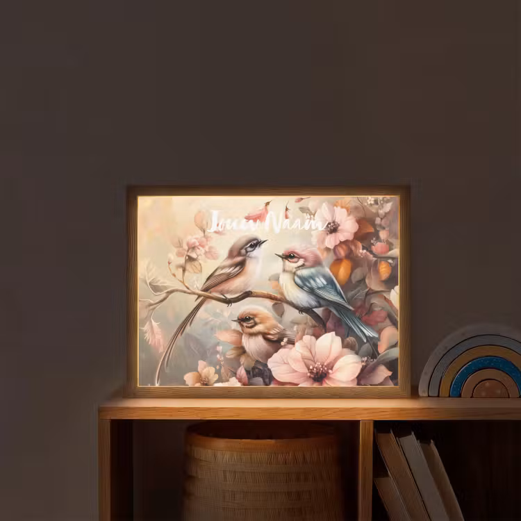 Vogels - Bloemen - Roze - Pastel Light Box met batterij (Wandlamp kind) middel -sfeer1_kind