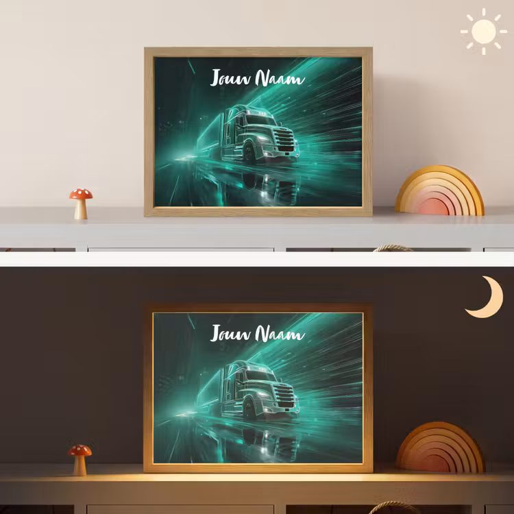 Vrachtwagen - Stad - Groen - Neon Light Box met batterij (Wandlamp kind) middel -sfeer3_kind
