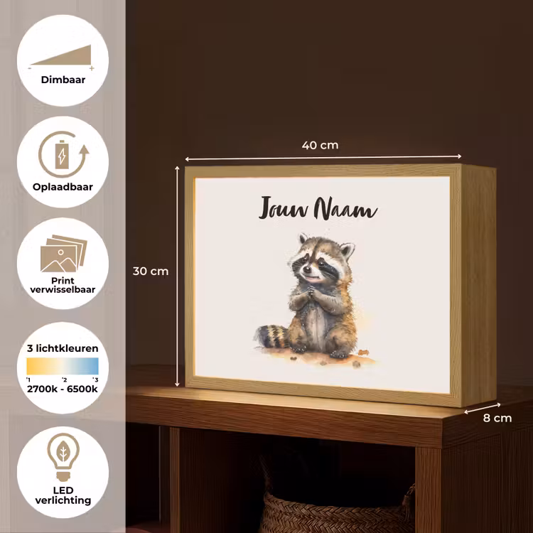 Wasbeer - Waterverf - Kleuren - Dieren - Kids Light Box met batterij (Wandlamp kind) middel -USP_websiteoverzichtNL