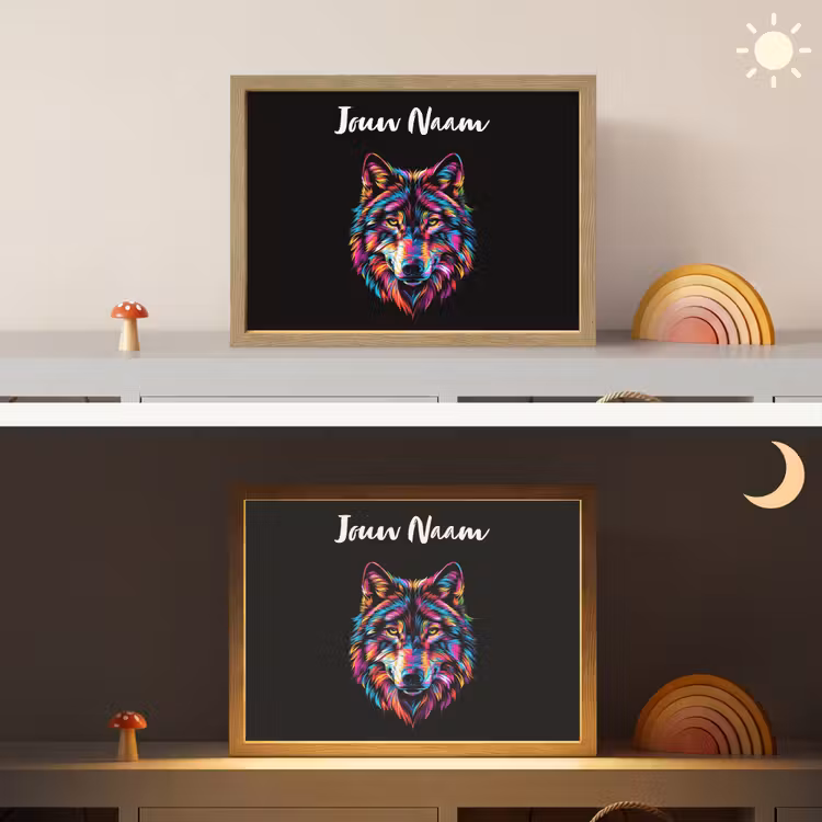Wolf - Kleurrijk - Zwart - Dieren - Neon Light Box met batterij (Wandlamp kind) middel -sfeer3_kind