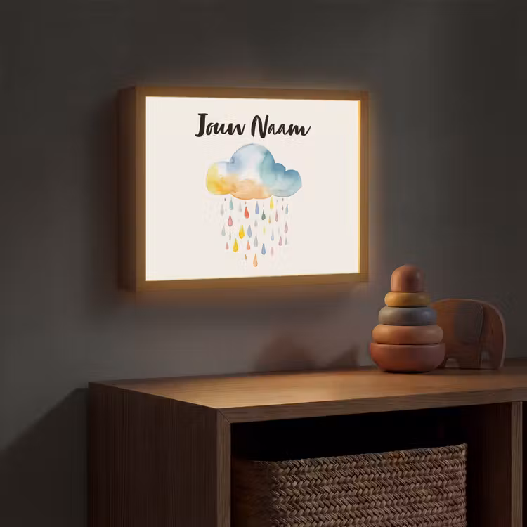 Wolk - Regen - Watercolor - Kleurrijk Light Box met batterij (Wandlamp kind) middel -sfeer5_kind