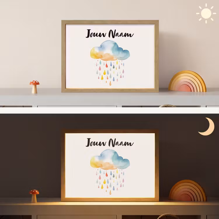 Wolk - Regen - Watercolor - Kleurrijk Light Box met batterij (Wandlamp kind) middel -sfeer3_kind