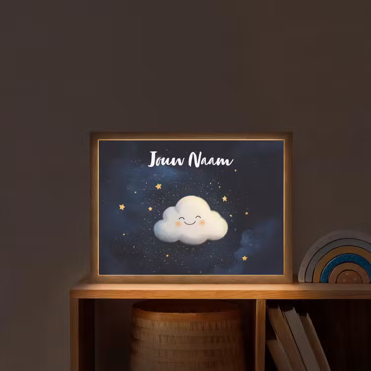 Wolkje - Gezichtje - Sterren - Donkerblauw Light Box met batterij (Wandlamp kind) middel -sfeer1_kind