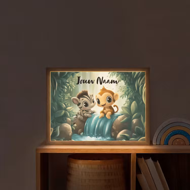 Zebra - Aapje - Waterval - Rotsen Light Box met batterij (Wandlamp kind) middel -sfeer1_kind