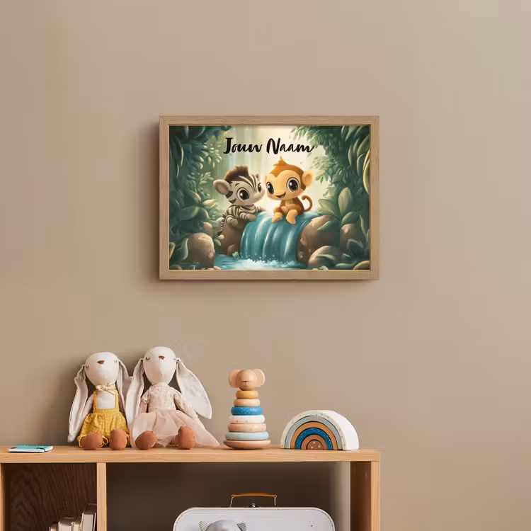 Zebra - Aapje - Waterval - Rotsen Light Box met batterij (Wandlamp kind) middel -sfeer2_kind