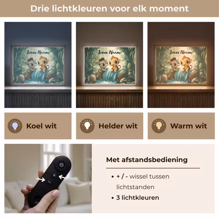 Zebra - Aapje - Waterval - Rotsen Light Box met batterij (Wandlamp kind) middel -USP_lichtkleurNL