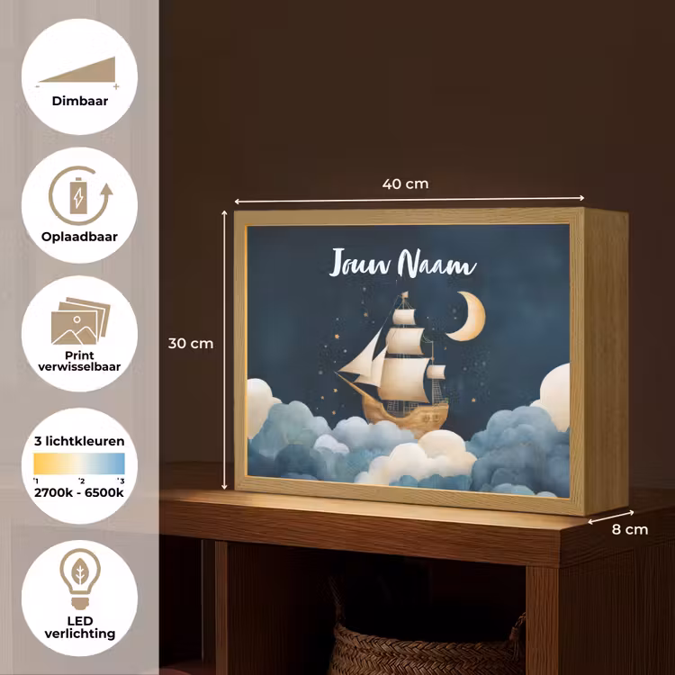 Zeilschip - Sterrenhemel - Wolken - Blauw Light Box met batterij (Wandlamp kind) middel -USP_websiteoverzichtNL