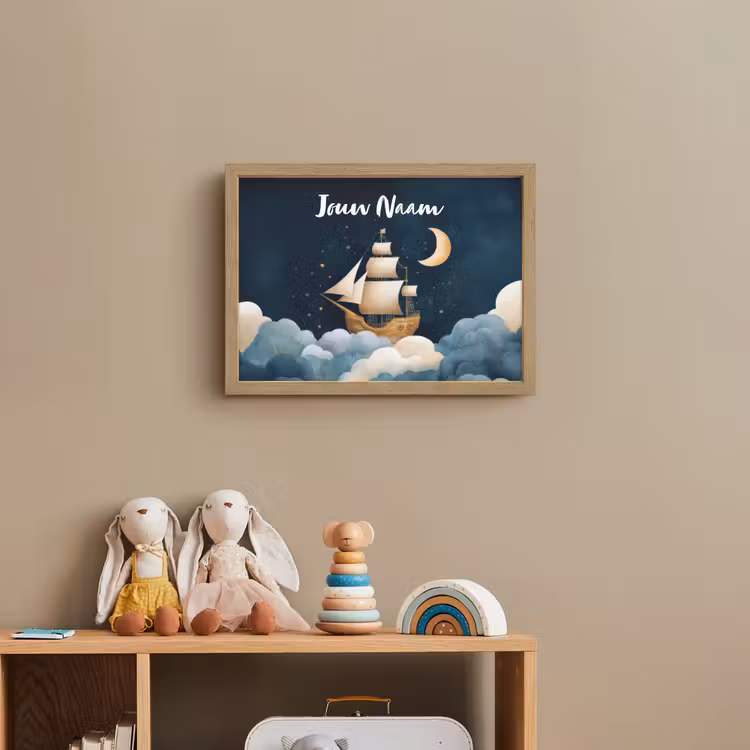 Zeilschip - Sterrenhemel - Wolken - Blauw Light Box met batterij (Wandlamp kind) middel -sfeer2_kind