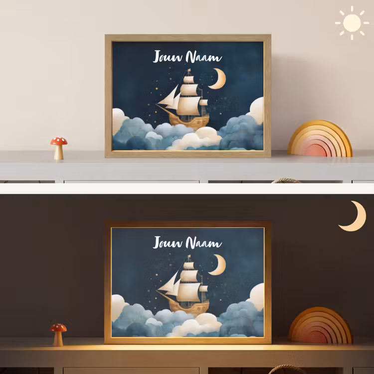 Zeilschip - Sterrenhemel - Wolken - Blauw Light Box met batterij (Wandlamp kind) middel -sfeer3_kind