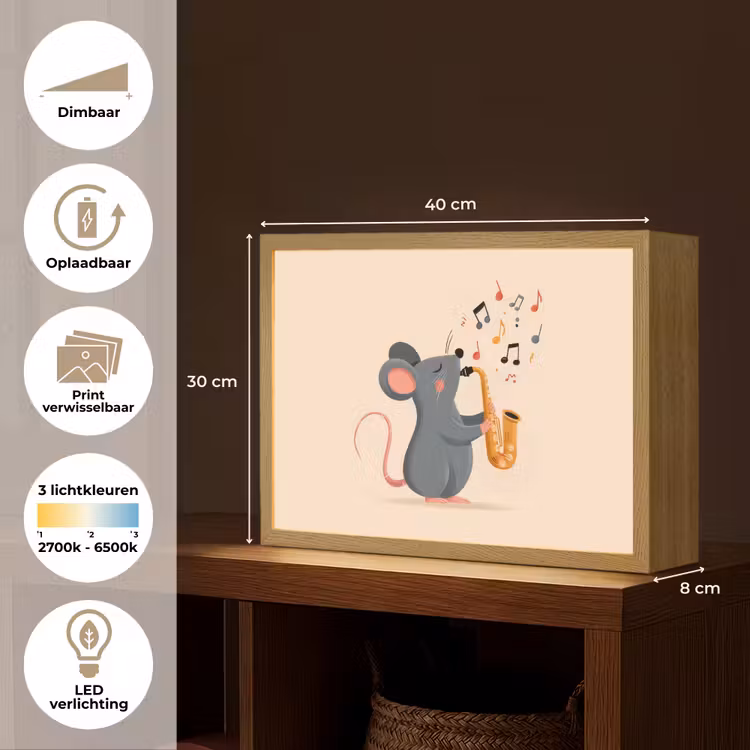 Muis - Saxofoon - Muzieknoten Light Box met batterij (Wandlamp kind) middel -USP_websiteoverzichtNL
