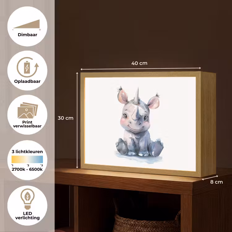 Neushoorn - Baby dier - Dieren Light Box met batterij (Wandlamp kind) middel -USP_websiteoverzichtNL