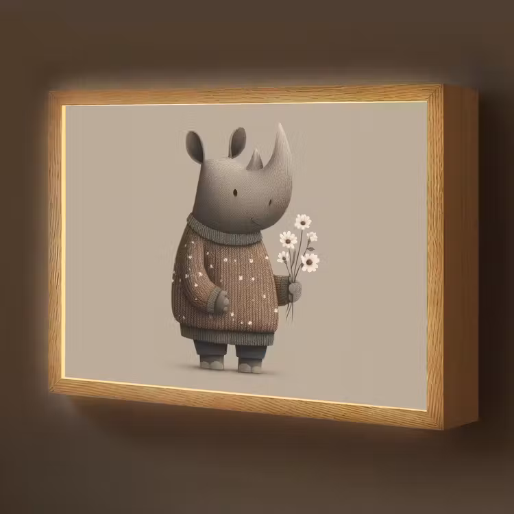 Neushoorn - Witte bloemen - Lief Light Box met batterij (Wandlamp kind) middel -z3d_website