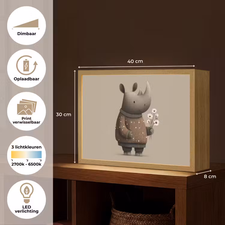 Neushoorn - Witte bloemen - Lief Light Box met batterij (Wandlamp kind) middel -USP_websiteoverzichtNL
