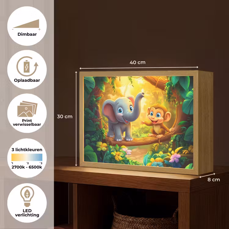 Olifant - Appje - Jungle - Kleurrijk Light Box met batterij (Wandlamp kind) middel -USP_websiteoverzichtNL