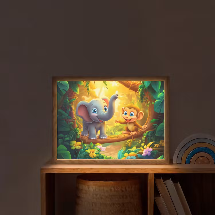 Olifant - Appje - Jungle - Kleurrijk Light Box met batterij (Wandlamp kind) middel -sfeer1_kind