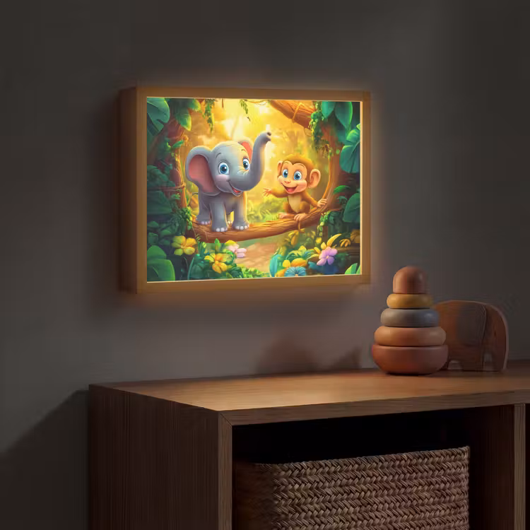 Olifant - Appje - Jungle - Kleurrijk Light Box met batterij (Wandlamp kind) middel -sfeer5_kind