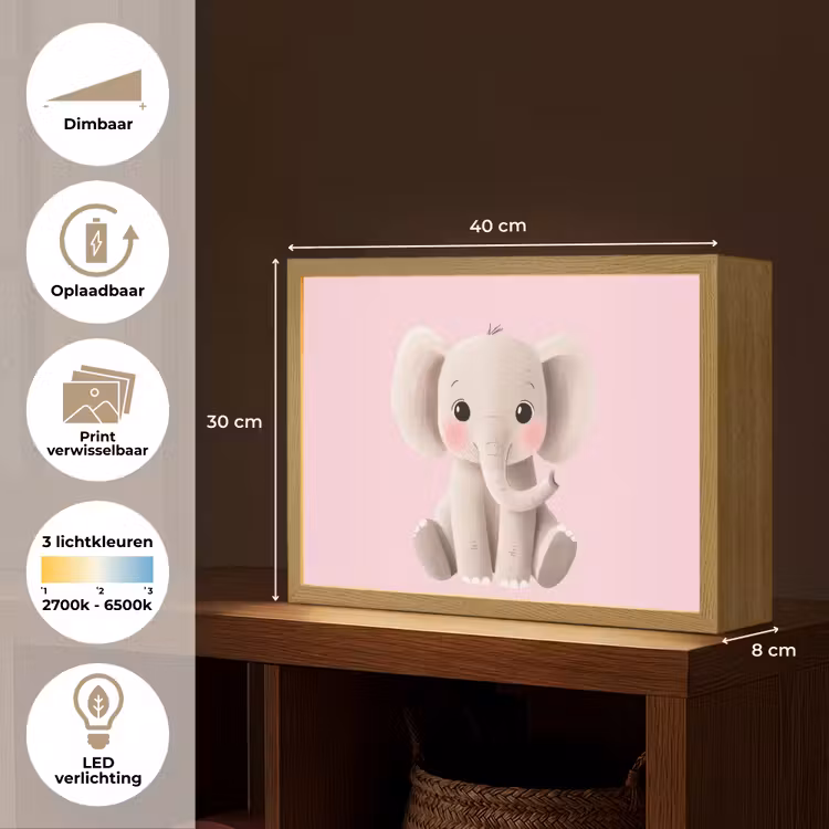 Olifant - Baby - Roze - Cartoon Light Box met batterij (Wandlamp kind) middel -USP_websiteoverzichtNL
