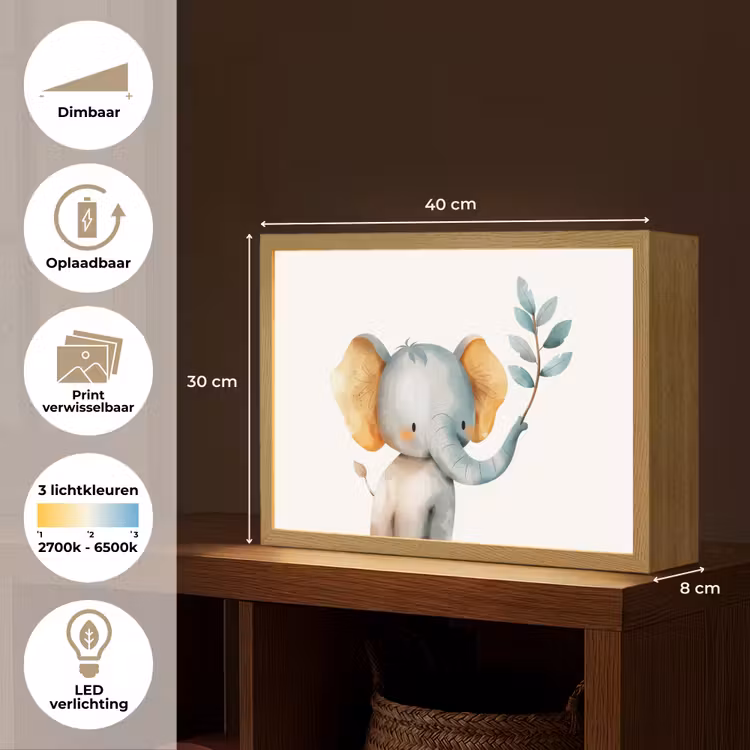 Olifant - Dier - Pastel kleuren Light Box met batterij (Wandlamp kind) middel -USP_websiteoverzichtNL