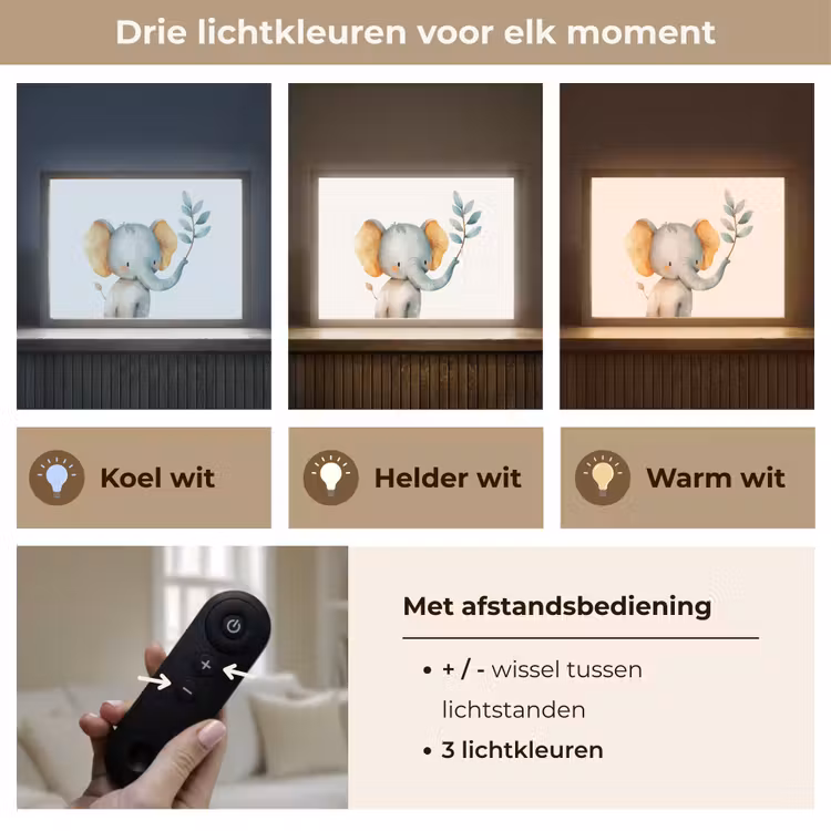 Olifant - Dier - Pastel kleuren Light Box met batterij (Wandlamp kind) middel -USP_lichtkleurNL