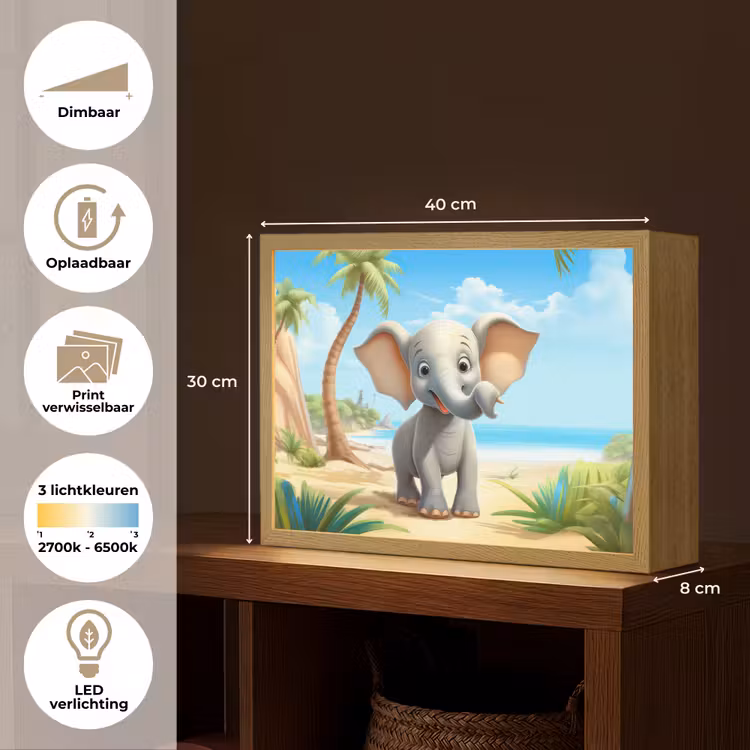 Olifant - Strand - Dieren - Meisjes - Kind Light Box met batterij (Wandlamp kind) middel -USP_websiteoverzichtNL