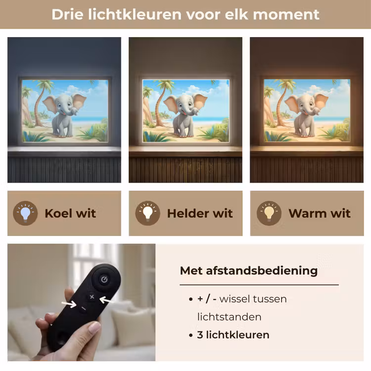 Olifant - Strand - Dieren - Meisjes - Kind Light Box met batterij (Wandlamp kind) middel -USP_lichtkleurNL