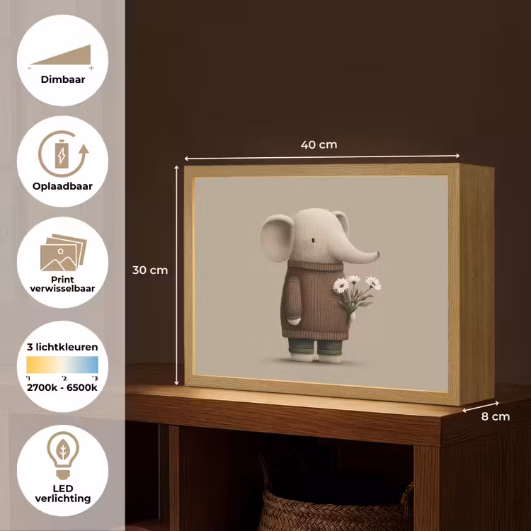 Olifant - Witte bloemen - Kindvriendelijk Light Box met batterij (Wandlamp kind) middel -USP_websiteoverzichtNL