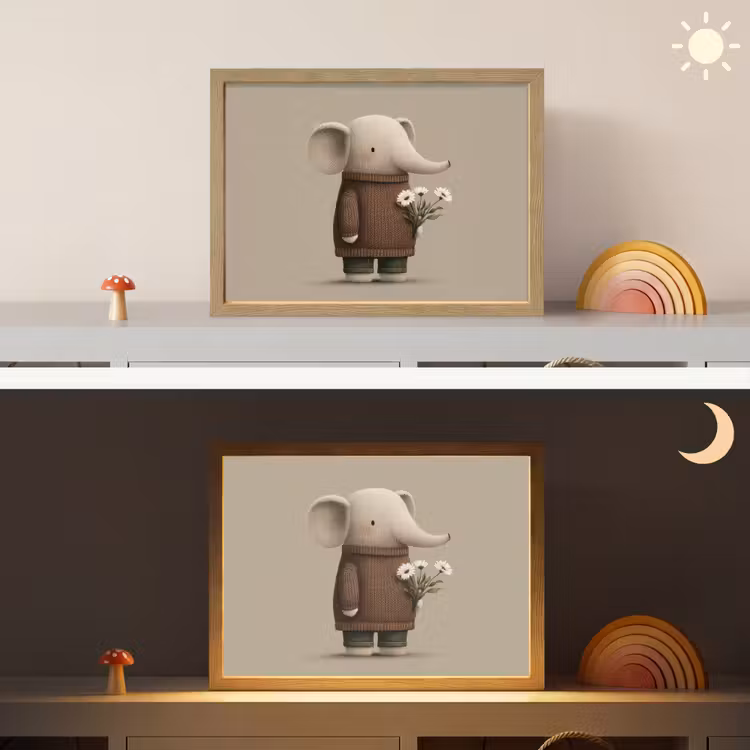 Olifant - Witte bloemen - Kindvriendelijk Light Box met batterij (Wandlamp kind) middel -sfeer3_kind