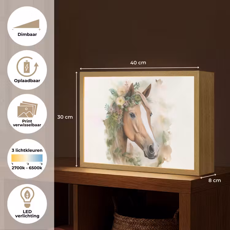 Paard - Bloemen - Natuur - Waterverf - Dieren Light Box met batterij (Wandlamp kind) middel -USP_websiteoverzichtNL