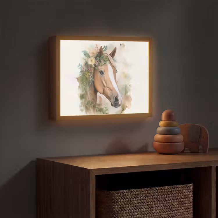 Paard - Bloemen - Natuur - Waterverf - Dieren Light Box met batterij (Wandlamp kind) middel -sfeer5_kind