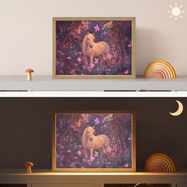 Paard - Bloemen - Paars - Vlinder Light Box met batterij (Wandlamp kind) middel -sfeer3_kind