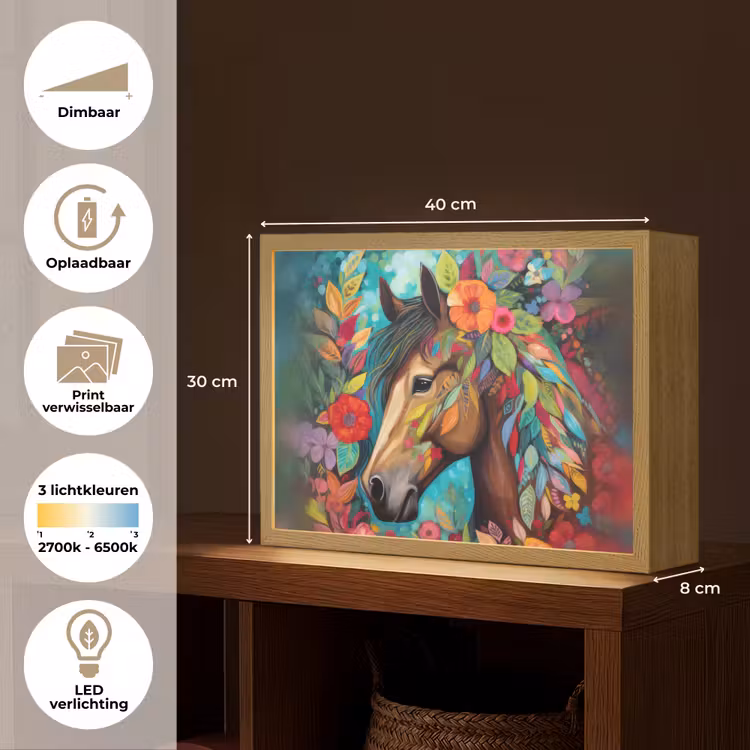 Paard - Bloemen - Schilderij - Natuur - Verf Light Box met batterij (Wandlamp kind) middel -USP_websiteoverzichtNL