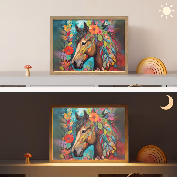 Paard - Bloemen - Schilderij - Natuur - Verf Light Box met batterij (Wandlamp kind) middel -sfeer3_kind